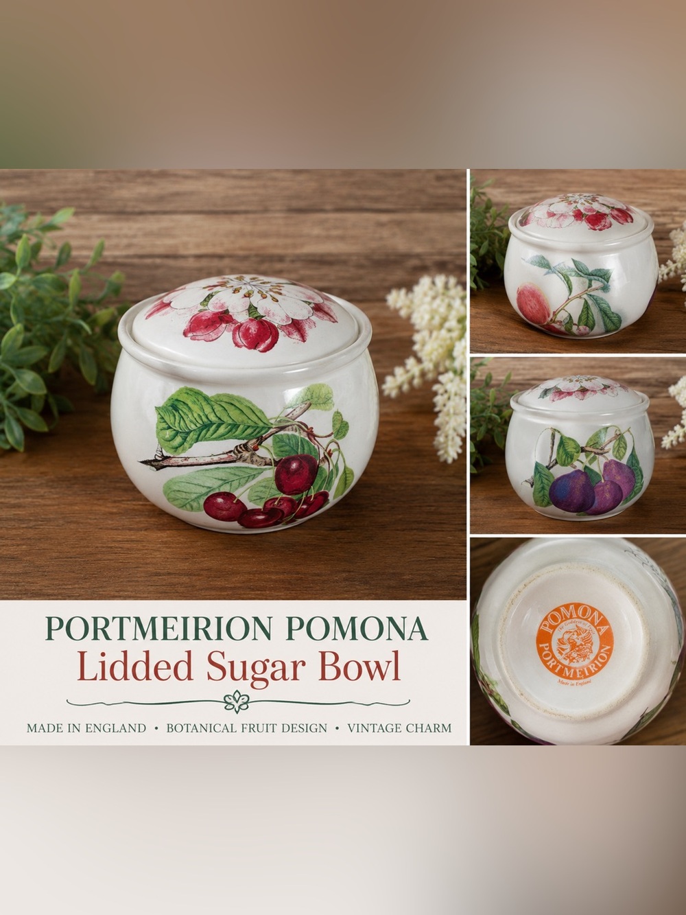 Portmeirion Pomona Lidded Sugar Bowl Vintage England Fruit Pattern Ceramic Dish